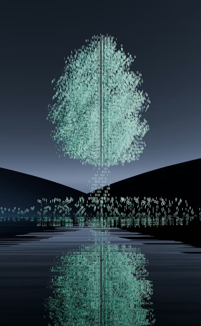 A luminous tree of light reflected in still water at night.